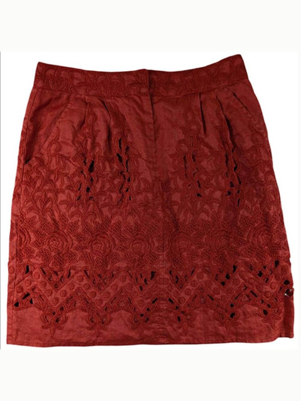 Baraschi Skirt‎ Womens 2 100% Linen Orange Red Tomato Eyelet Overlay Lined Boho